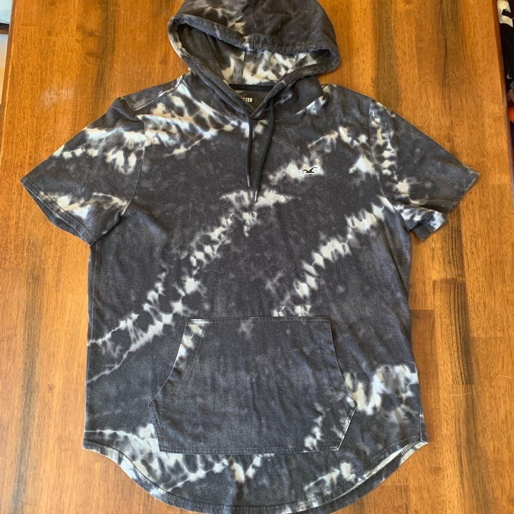 Hollister Hoodie Men’s Large Black and White Tie-Dye Pocket Short Sleeveless